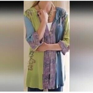 Soft Surroundings Patchwork Gauze Button Up Shirt Blouse Tunic 3/4 Sleeve L